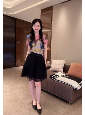 大李plus铜氨丝网纱松紧腰短款半身裙女夏季黑色高腰优雅百搭裙子