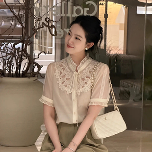 大李plus重工钉珠绣花莱赛尔衬衫女夏季系带木耳领镂空透感上衣