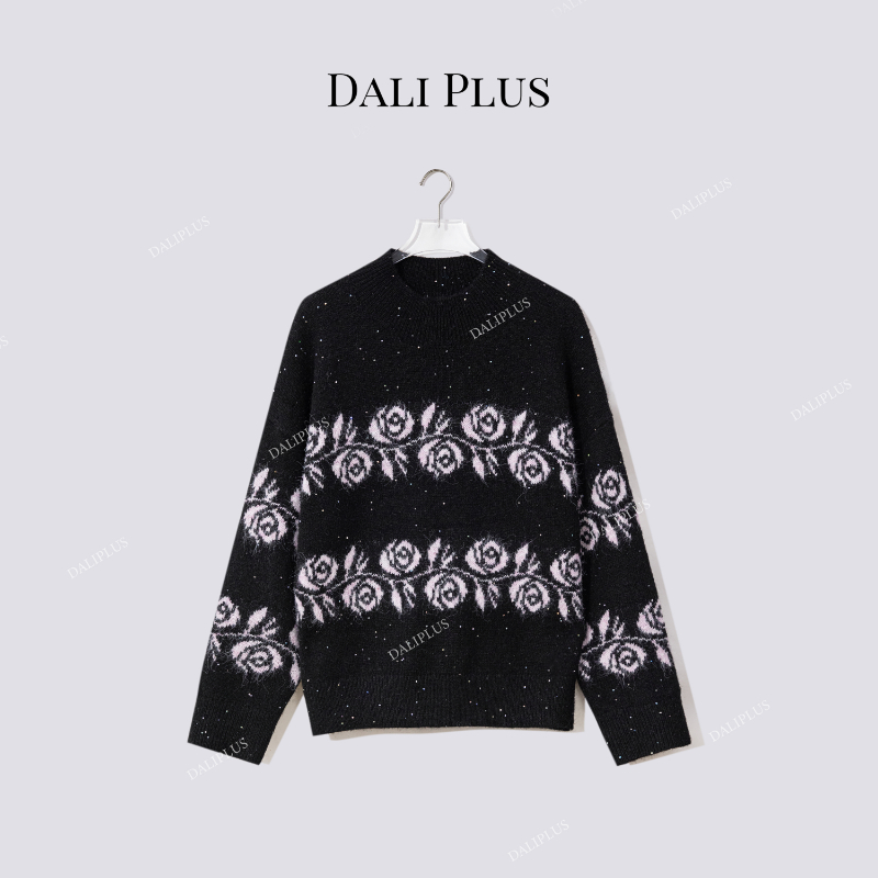 DALI PLUS“玫瑰毛衣”羊毛混纺半高领闪闪针织衫-D5MM3347