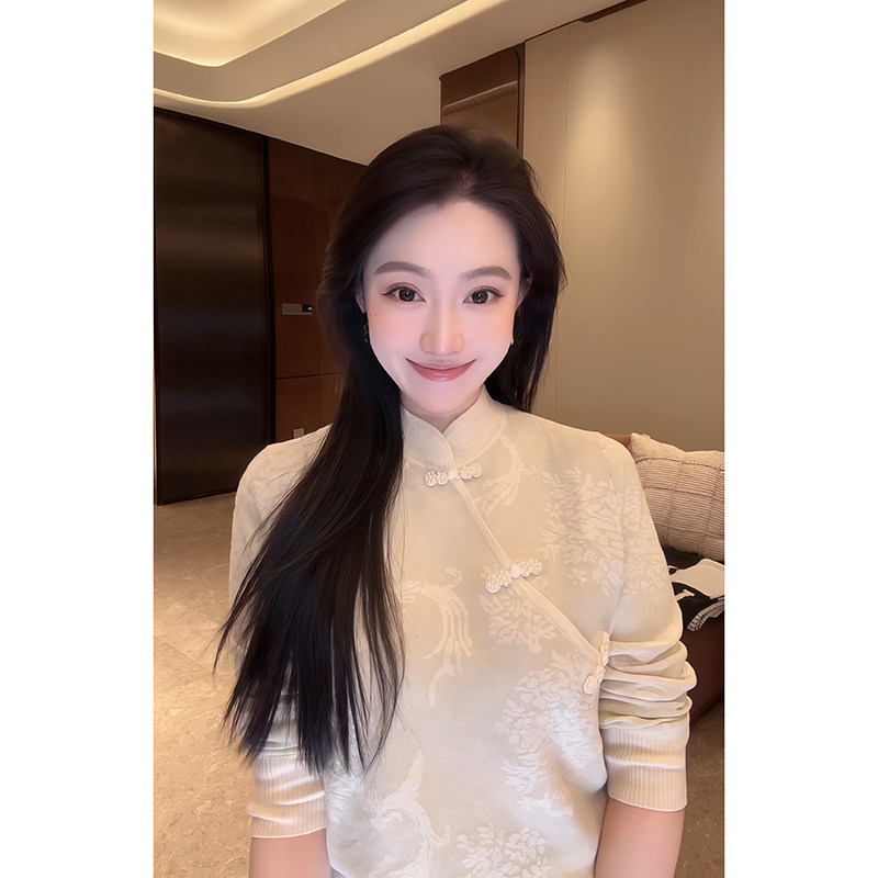 大李plus国风新中式斜襟珍珠盘扣立领浮雕印花针织上衣-D602024,女装/女士精品,毛针织衫,淘宝优惠券,粉丝福利购,淘宝优惠卷