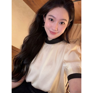 大李plus重磅缎面桑蚕丝衬衫女夏季撞色蝴蝶结飘带设计感T恤上衣