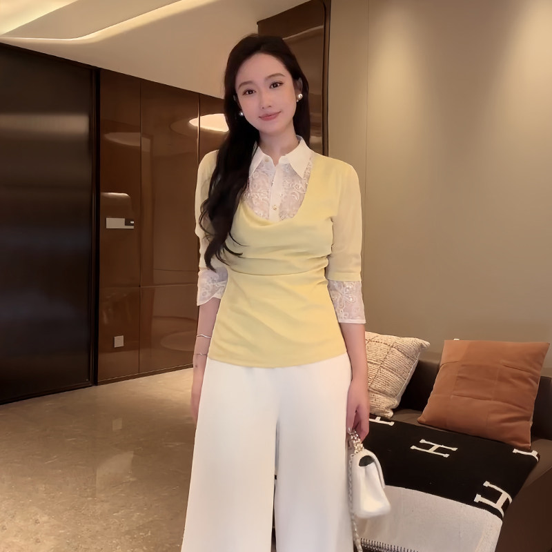大李plus小鸡黄醋酸蕾丝微喇袖衬衫女夏季荡领假两件设计收腰上衣