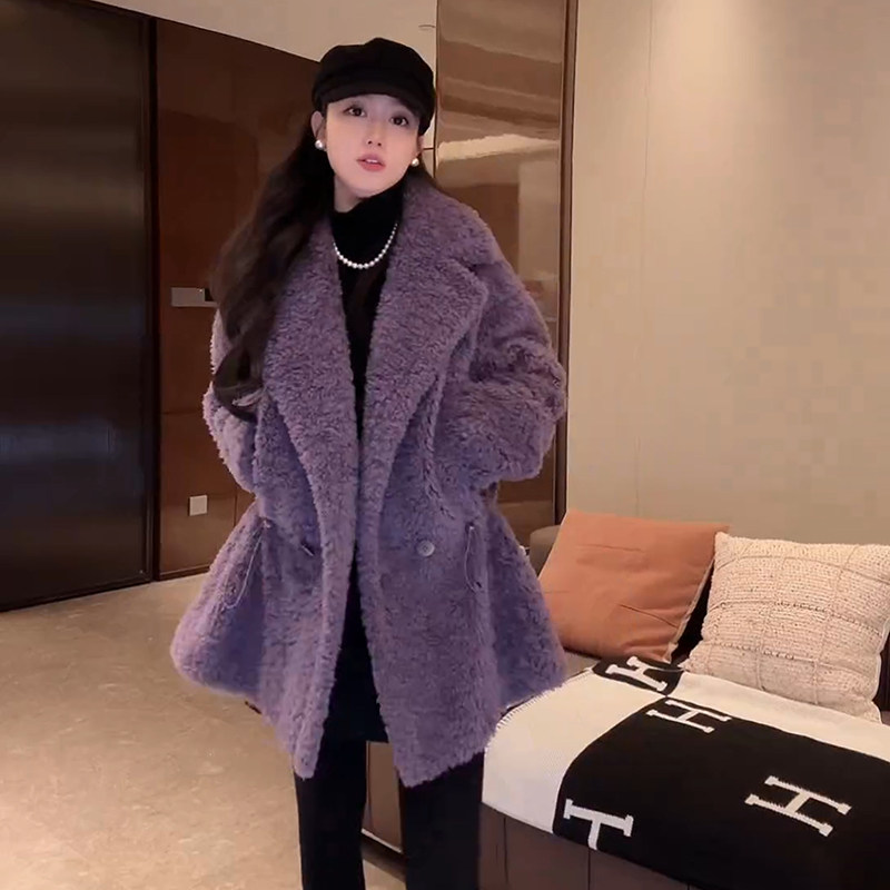 羊毛收腰颗粒毛紫色大衣毛毛外套