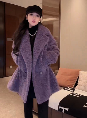大李plus100羊毛颗粒绒紫色收腰大衣女气质中长款保暖毛毛外套冬