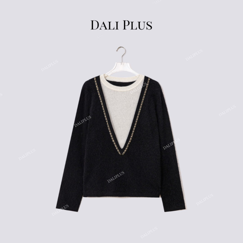 DALI PLUS“绵羊毛+山羊绒”手工链接撞色假两件针织衫-D5CH5168