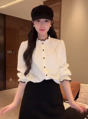 “莱赛尔羊毛衬衫”蕾丝木耳花边立领长袖衬衫-D5ST1555