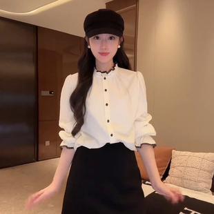 衬衫 蕾丝木耳花边立领长袖 D5ST1555 莱赛尔羊毛衬衫