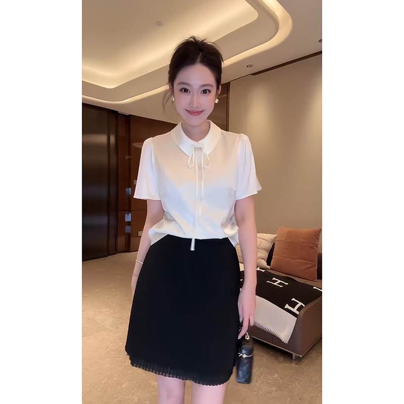 大李plus高级桑蚕丝短袖缎面衬衫女夏季法式温柔气质白色上衣