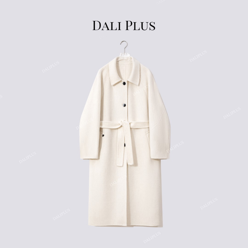 大李plus“苏力羊驼毛”翻领单排扣收腰系带大衣-D5CK2160