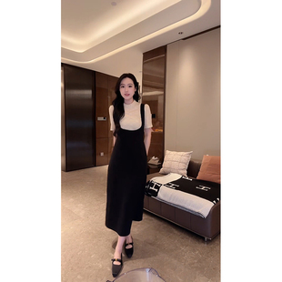 大李plus高腰醋酸法式长款连衣裙女夏季时髦百搭收腰显瘦背带裙