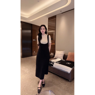 大李plus高腰醋酸法式长款连衣裙女夏季时髦百搭收腰显瘦背带裙