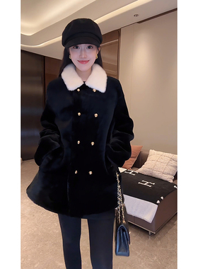 大李plus 西班牙进口美利奴皮毛一体水貂毛领拼接黑色大衣女冬季