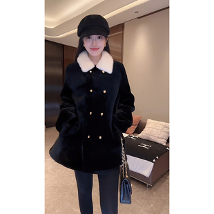 大李plus 西班牙进口美利奴皮毛一体水貂毛领拼接黑色大衣女冬季