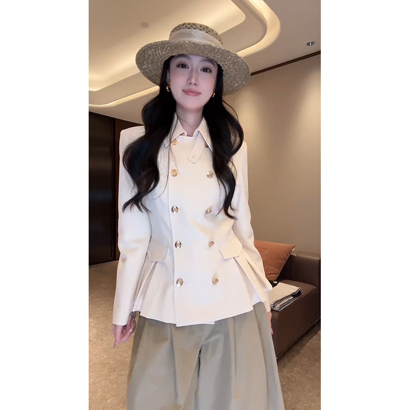 大李plus莱赛尔醋酸短款翻领风衣女夏季白色双排扣收腰显瘦外套