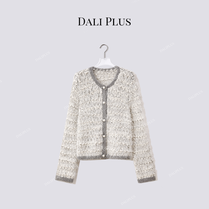 “大肚花纱编织”勾边马海毛针织开衫-D5CH4696