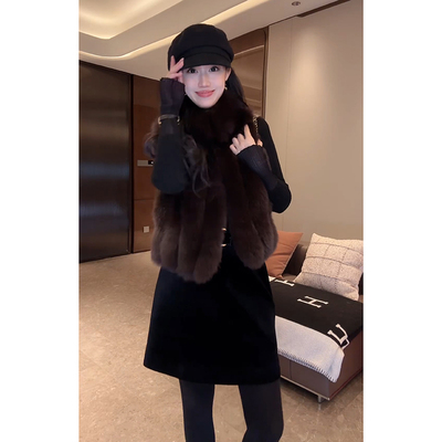 DALI PLUS“芬兰进口狐狸毛皮草”高端皮草拼绵羊皮马甲-D5MM3450