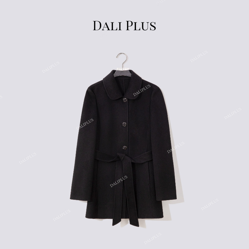 羊毛翻领系带收腰黑色大衣女冬季
