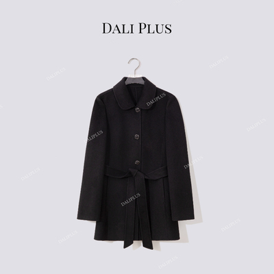 羊毛翻领系带收腰黑色大衣女冬季