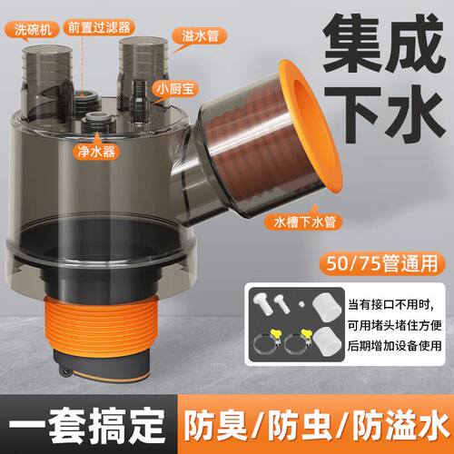 厨房下水管三头通洗碗机水槽排水管净水器密封塞分流水防返臭神器