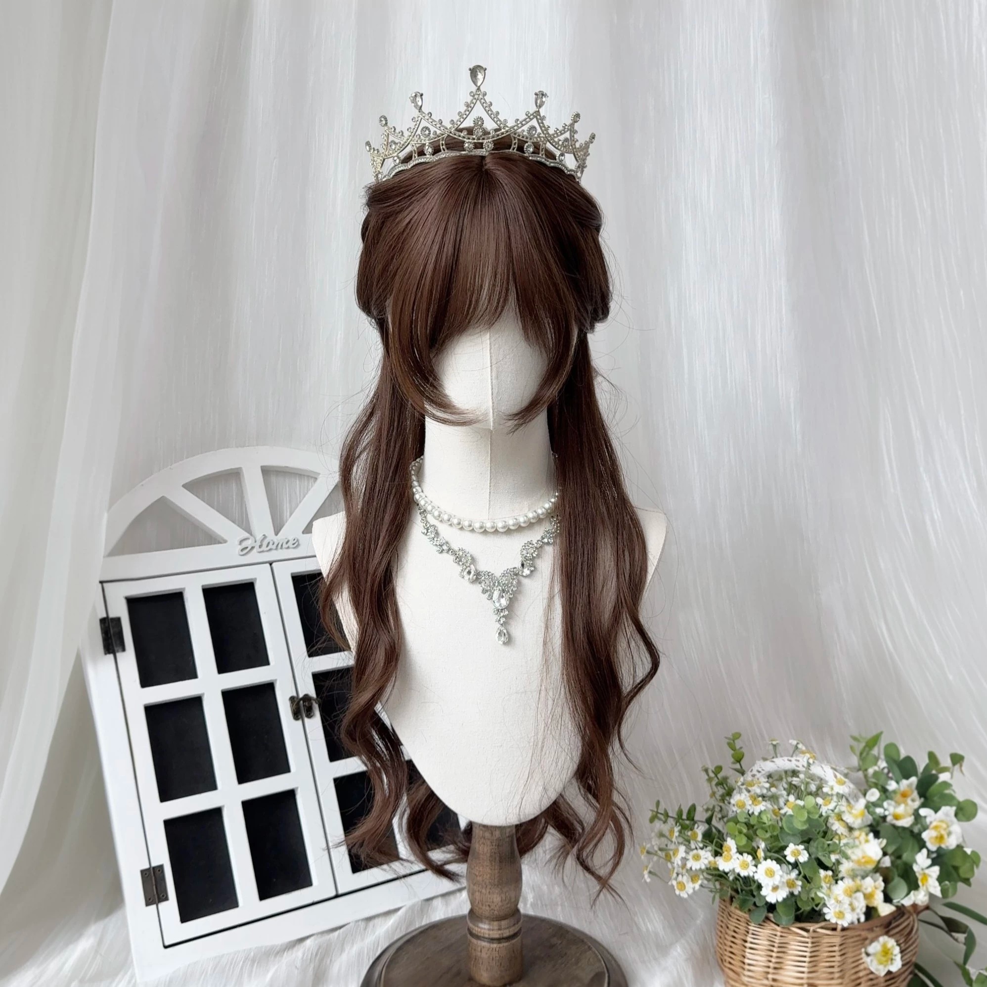 【可可甜心】假发女斜刘海长卷发巧克力棕lolita甜美日常全头套