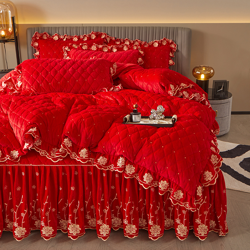 冬季宝宝绒床裙四件套夹棉加厚刺绣花边床罩双面绒婚庆大红4件套