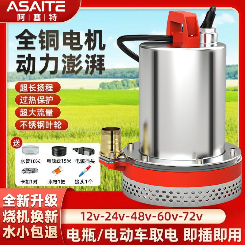 12v抽水泵72v电动车抽水泵电瓶车专用抽水泵农用直流潜水泵48v60v