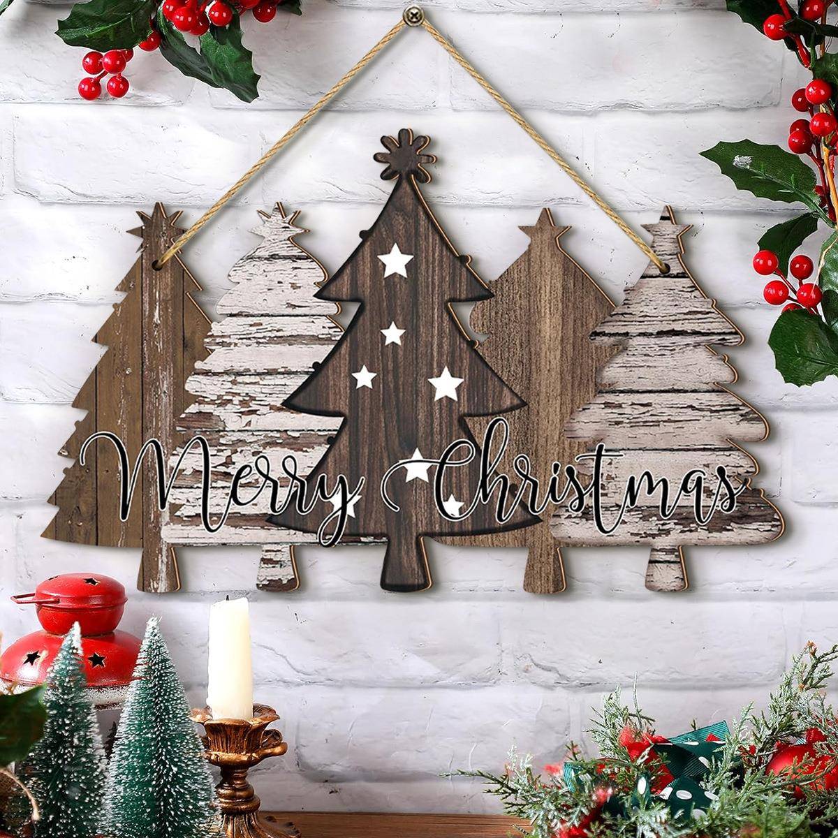 跨境temu新款家居装饰圣诞节复古圣诞树木质创意装饰牌