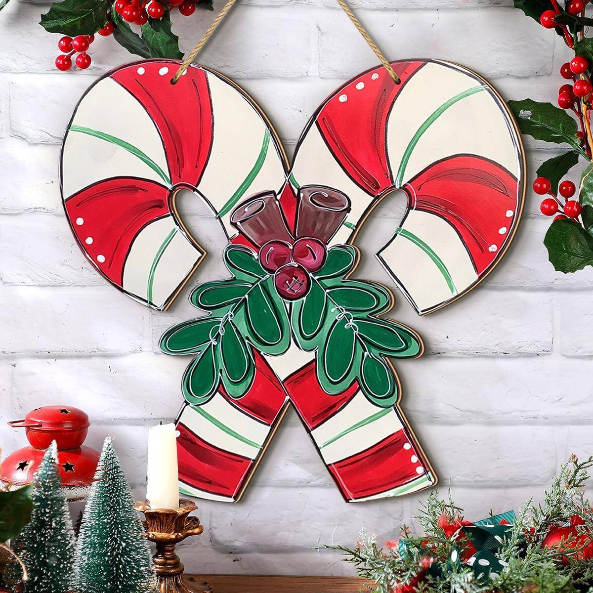 跨境temu新款家居装饰 圣诞节糖果拐杖木质创意装饰牌