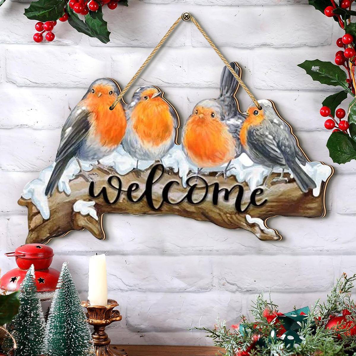 跨境temu新款家居装饰圣诞节可爱小鸟欢迎木质创意装饰牌