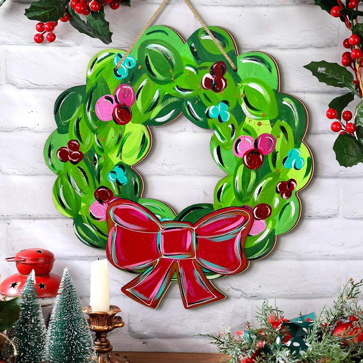 跨境temu新款家居装饰 圣诞节手绘圣诞花环木质创意装饰牌