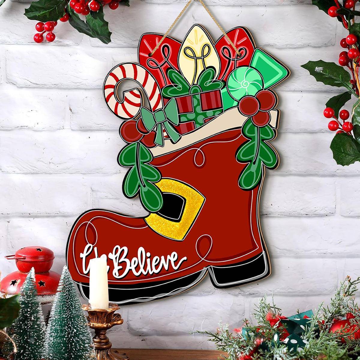 跨境temu新款家居装饰 圣诞节圣诞靴子礼物木质创意装饰牌