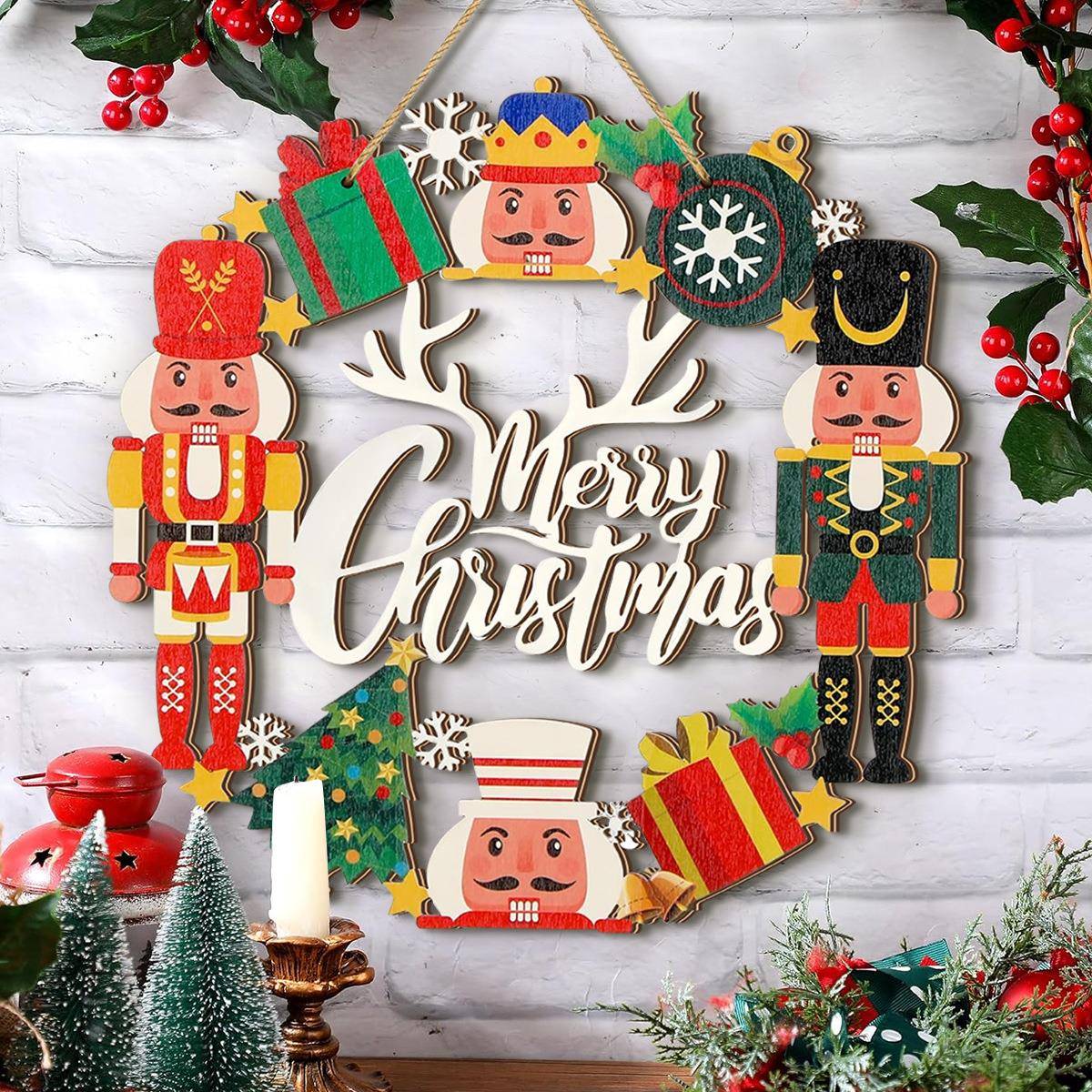 跨境temu新款家居装饰 圣诞节胡桃夹子花环木质创意装饰牌