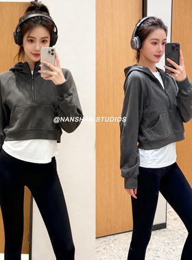 秋冬款女士运动半拉链毛圈连帽衫scub*卫衣休闲宽松短款加绒卫衣