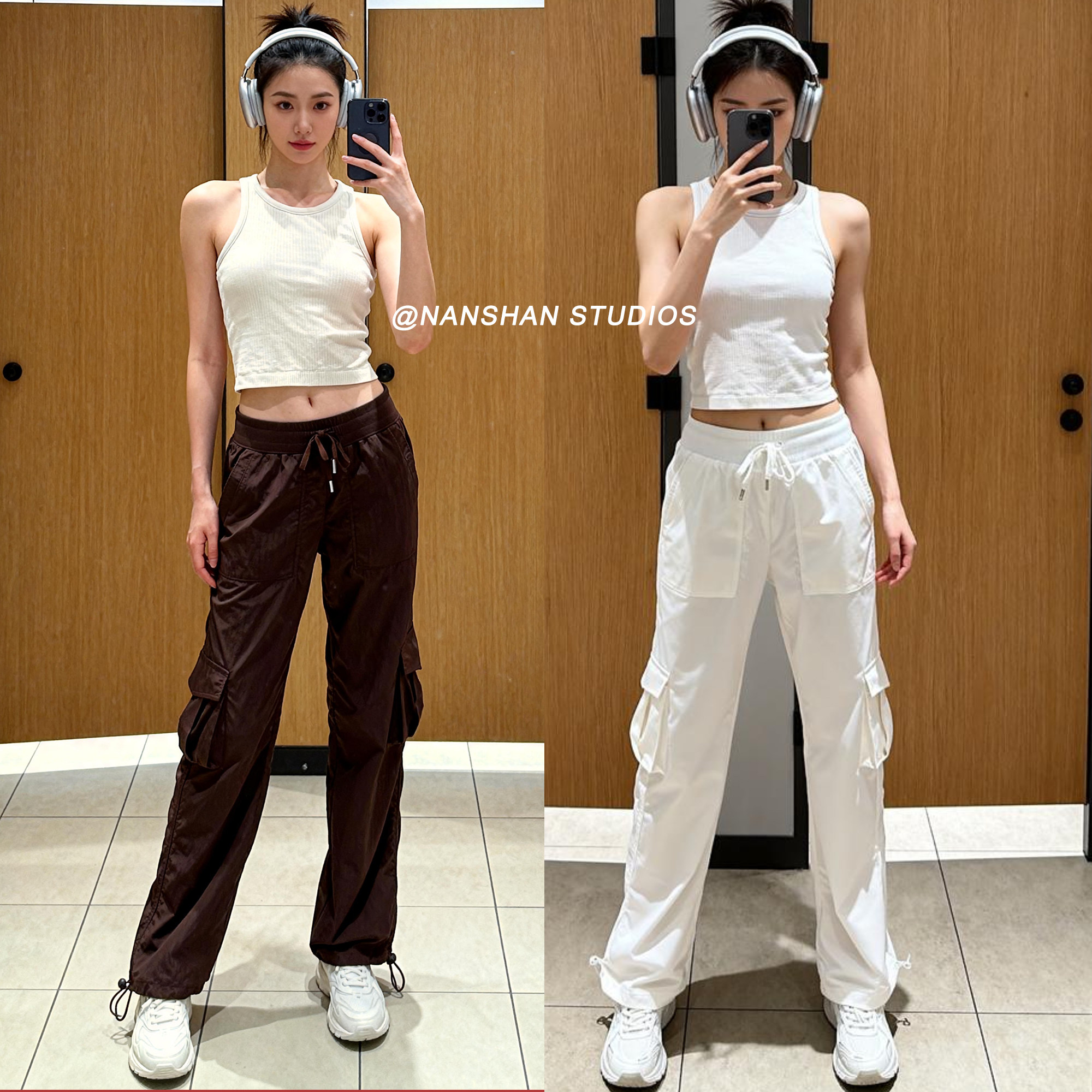 加绒Dance Studio条纹健身瑜伽裤中腰抽绳多口袋工装裤丢丢裤女