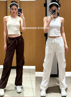 加绒Dance Studio条纹健身瑜伽裤中腰抽绳多口袋工装裤丢丢裤女