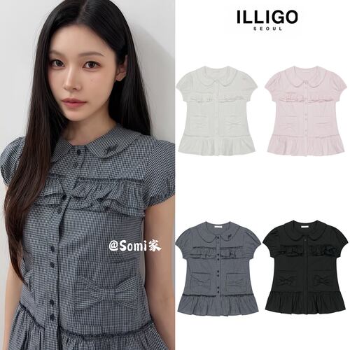 somi家 韩国直邮illigo日系学院风条纹褶皱荷叶边短袖T恤衬衫26ss