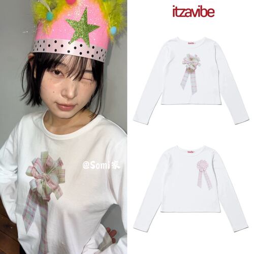 somi家 韩国直邮itzavibe简约风侧饰蝴蝶结胸花短款圆领长袖T恤
