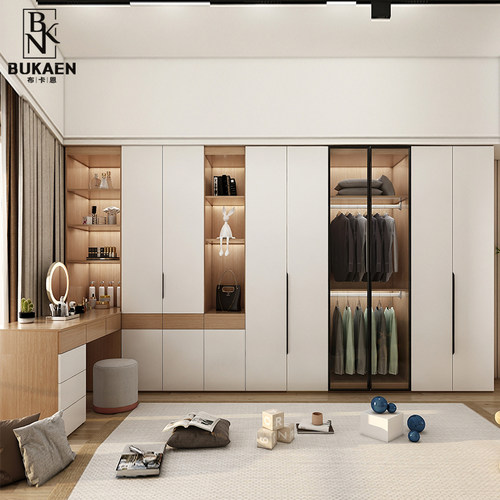 福人轻奢玻璃门衣柜书桌一体定制