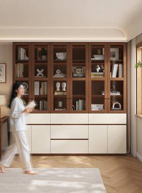 书柜制架实橡木满墙收纳木柜家用玻璃落地深胡桃定木83208书到顶