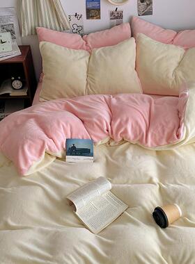 202绒4IIW奶新款厚纯色牛床单四件套加被套秋冬季珊瑚绒三件套法