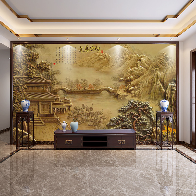 3D立体仿浮雕假山壁画客厅中式迎客松电视背景墙布纸山水墙布壁纸