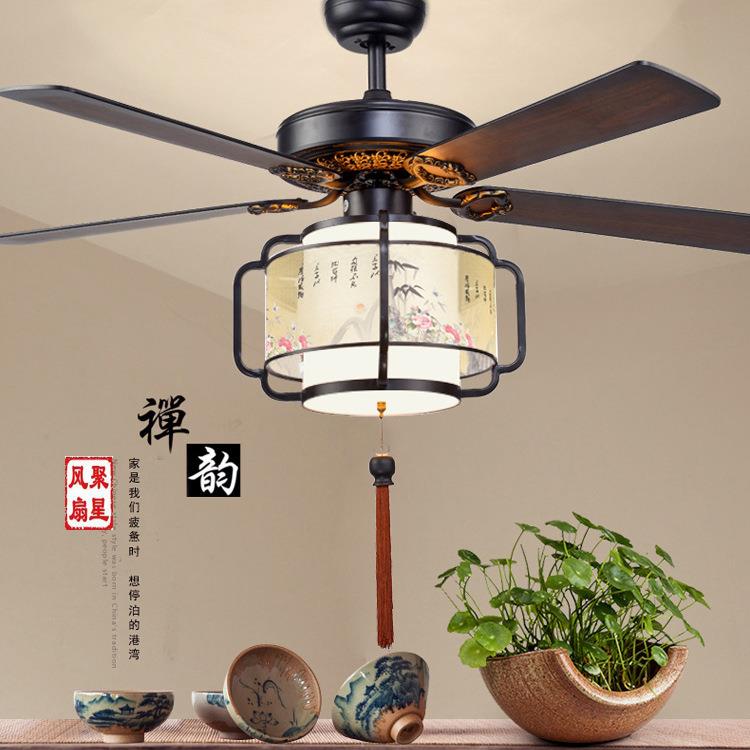 新中式吊扇灯 LED36W变光餐厅风扇灯客厅卧室电风扇灯木叶吊扇