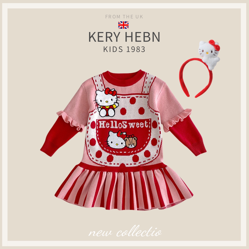 KeryHebn2024女童秋冬新品凯蒂猫毛衣裙圆领长袖针织儿童连衣裙
