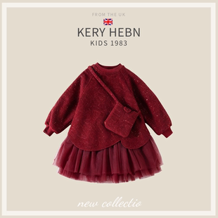 KeryHebn拜年服女童冬款加绒加厚中国风红色过年服送包女宝连衣裙