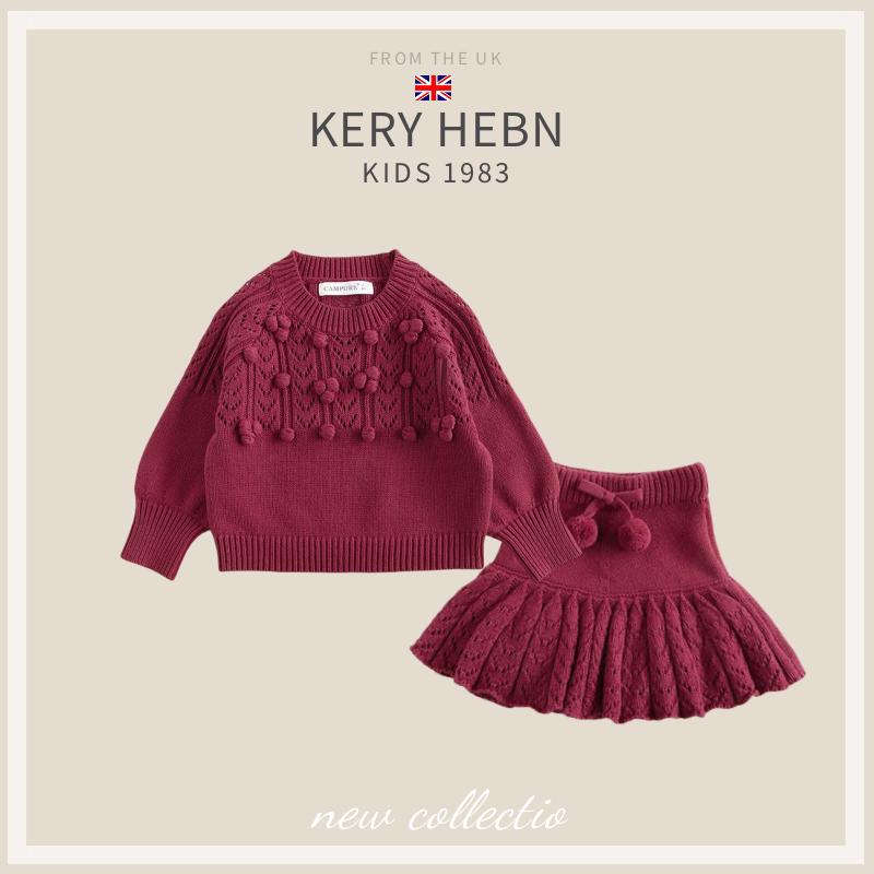 KeryHebn秋冬女童手钩球圆领套头毛衣女宝宝生日针织套装裙圣诞服