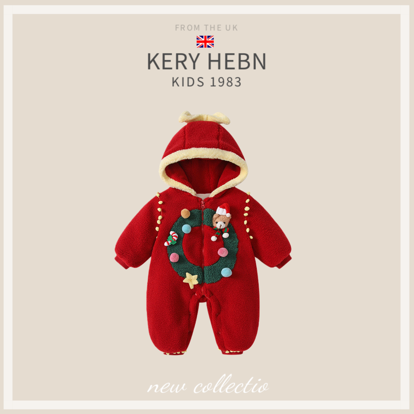 KeryHebn新生儿衣服冬款加厚连体衣圣诞节卡通女宝宝连帽拉链爬服