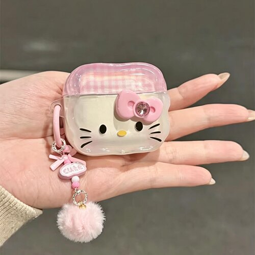 可爱少女粉色格纹小猫带挂件适用airpods4代苹果蓝牙无线耳机套airpodspro23卡通趣味airpods1/2代新款软壳套