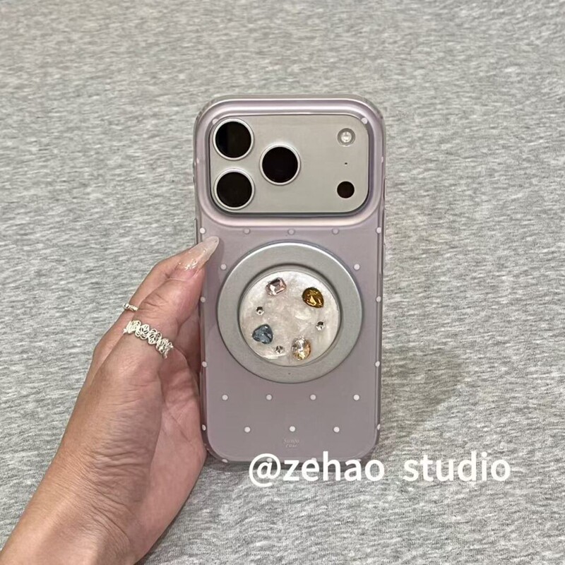 新品紫底波点彩钻宝石磁吸支架适用苹果17promax新款iPhone16promax手机壳14小众17少女心15pm高级感13保护套