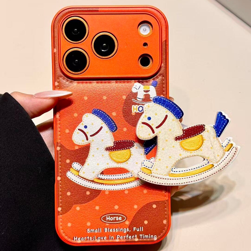 童趣可爱橙底波点摇马折叠支架适用苹果17promax新款iPhone16promax手机壳15pm创意17趣味13个性卡通14保护套