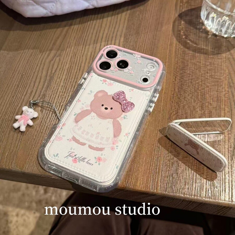 可爱立体蝴蝶结碎花小熊镜面折叠支架适用苹果17promax新款iPhone16promax手机壳17个性14卡通15少女13保护套